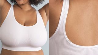 composite of woman front and back in loungewear bra in white