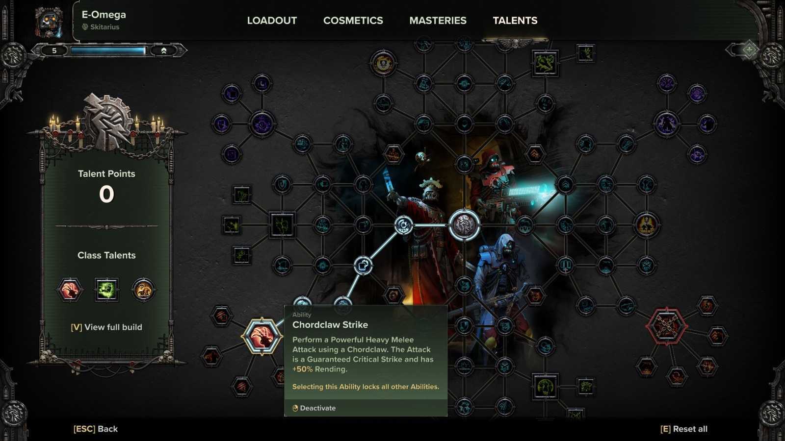 A game interface showing a talent tree with various skill nodes connected by lines.The background features illustrations of characters in armor, creating an intense and strategic gaming atmosphere.