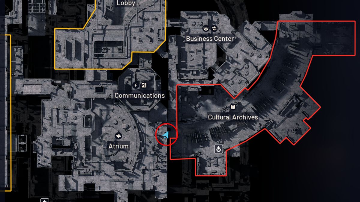 Arc Raiders Furtive Meetings: A map with a red circle showing the location of a secret meeting spot on the staircase by Cultural Archives.