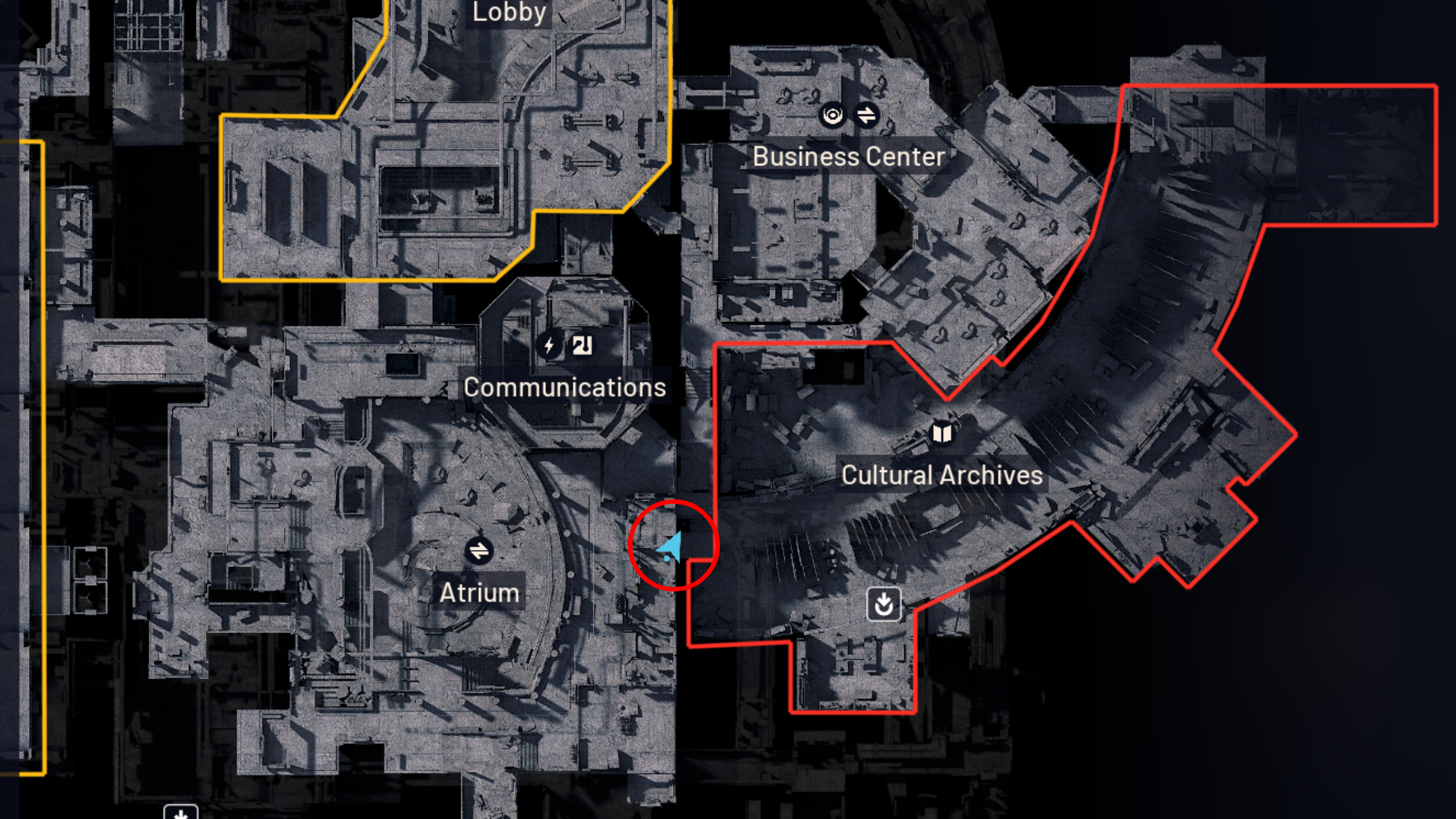 Arc Raiders Furtive Meetings: A map with a red circle showing the location of a secret meeting spot on the staircase by Cultural Archives.