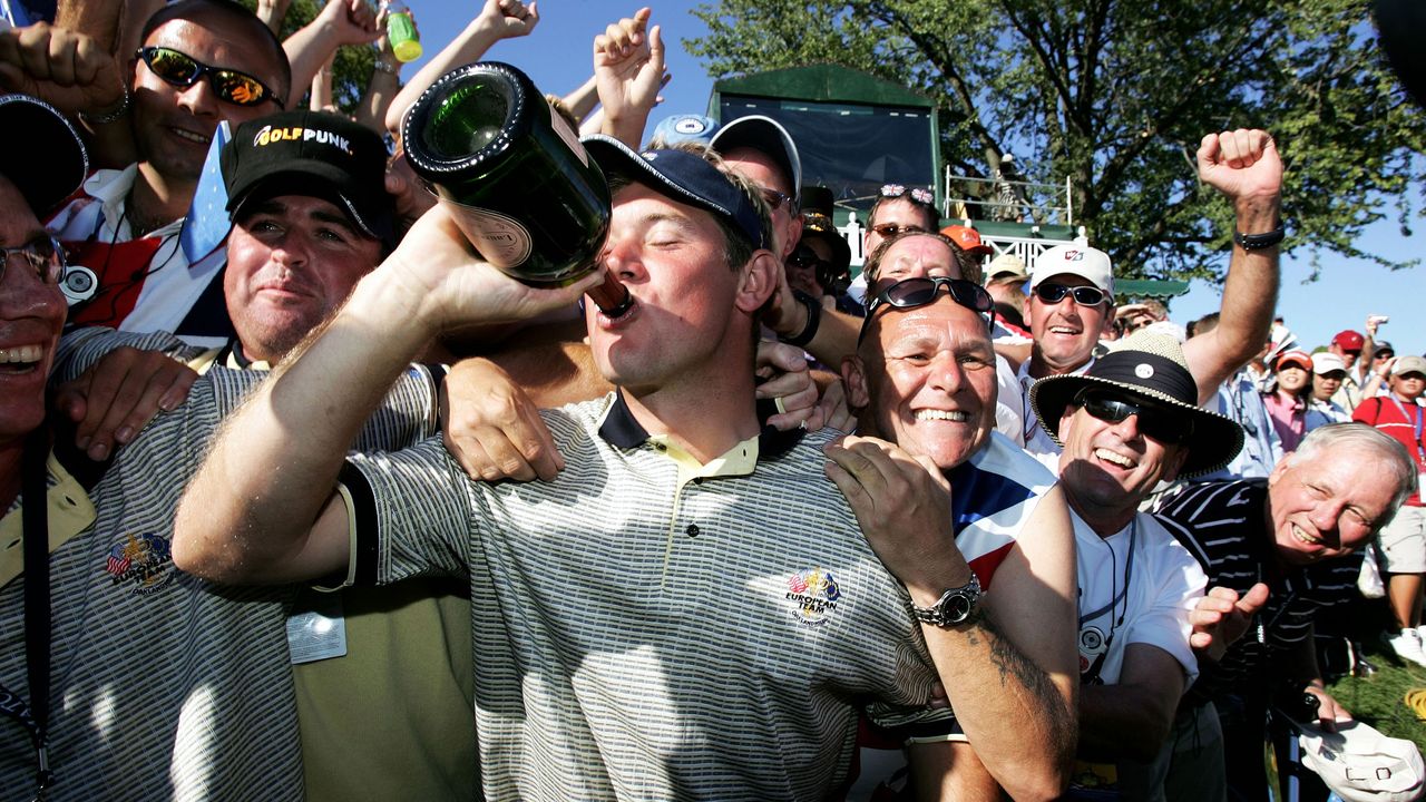 European Team player Lee Westwood celebrates after Europe&#039;s victory over the USA during the Sunday singles matches at the 35th Ryder Cup Matches at the Oakland Hills Country Club on September 19, 2004.