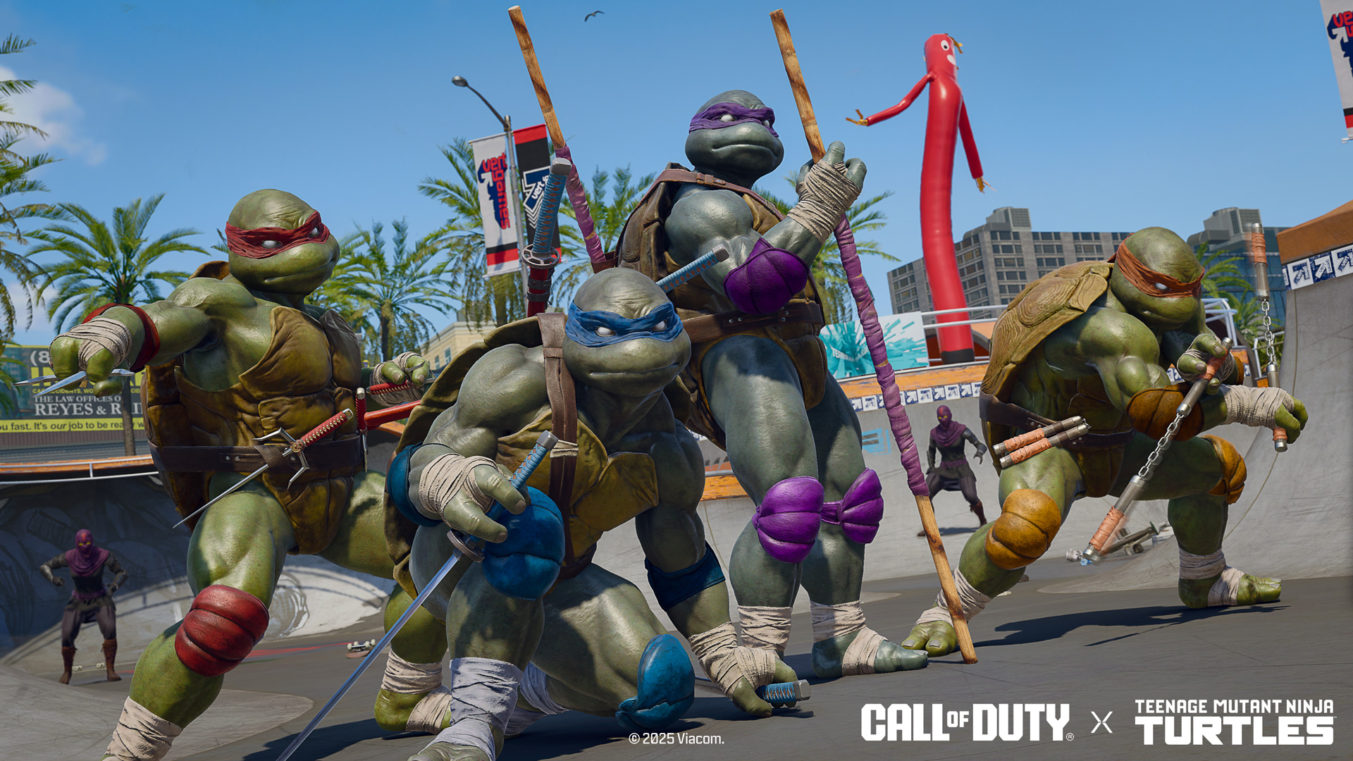 The Teenage Mutant Ninja Turtles strike poses in a sunny skatepark map