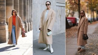 A composite of street style influencers showing different types of coats - the camel coat