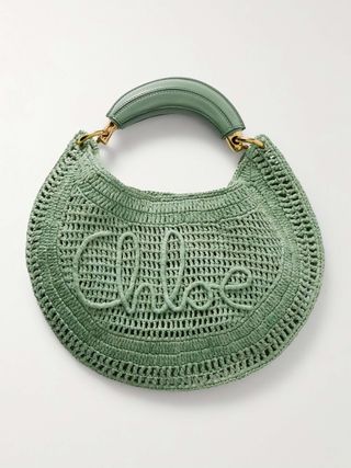 Summer Banana Leather-Trimmed Embroidered Raffia Tote