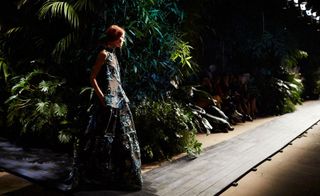 Erdem runway of grey-planked flooring and a tropical greenhouse within London's Old Selfridges Hotel