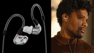 Sennheiser wired earbuds with custom tips, a close up and also an inset with the earbuds worn by a man 