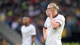 Erling Haaland reacts during Manchester City's 2-1 loss to Wolves in September 2023.