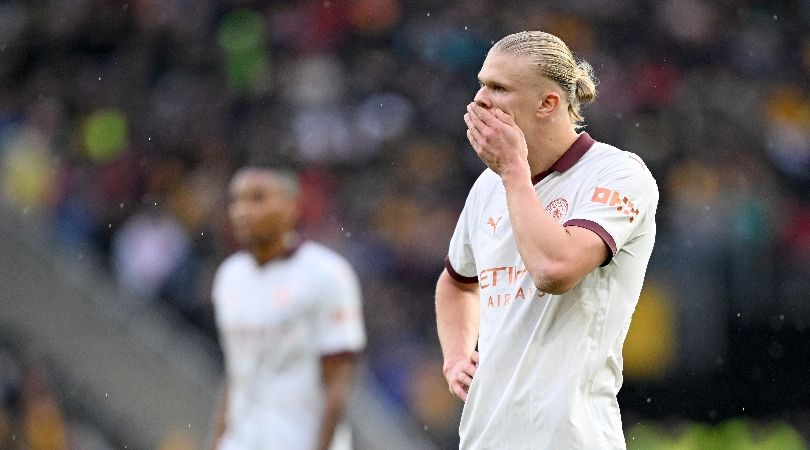 Erling Haaland reacts during Manchester City&#039;s 2-1 loss to Wolves in September 2023.