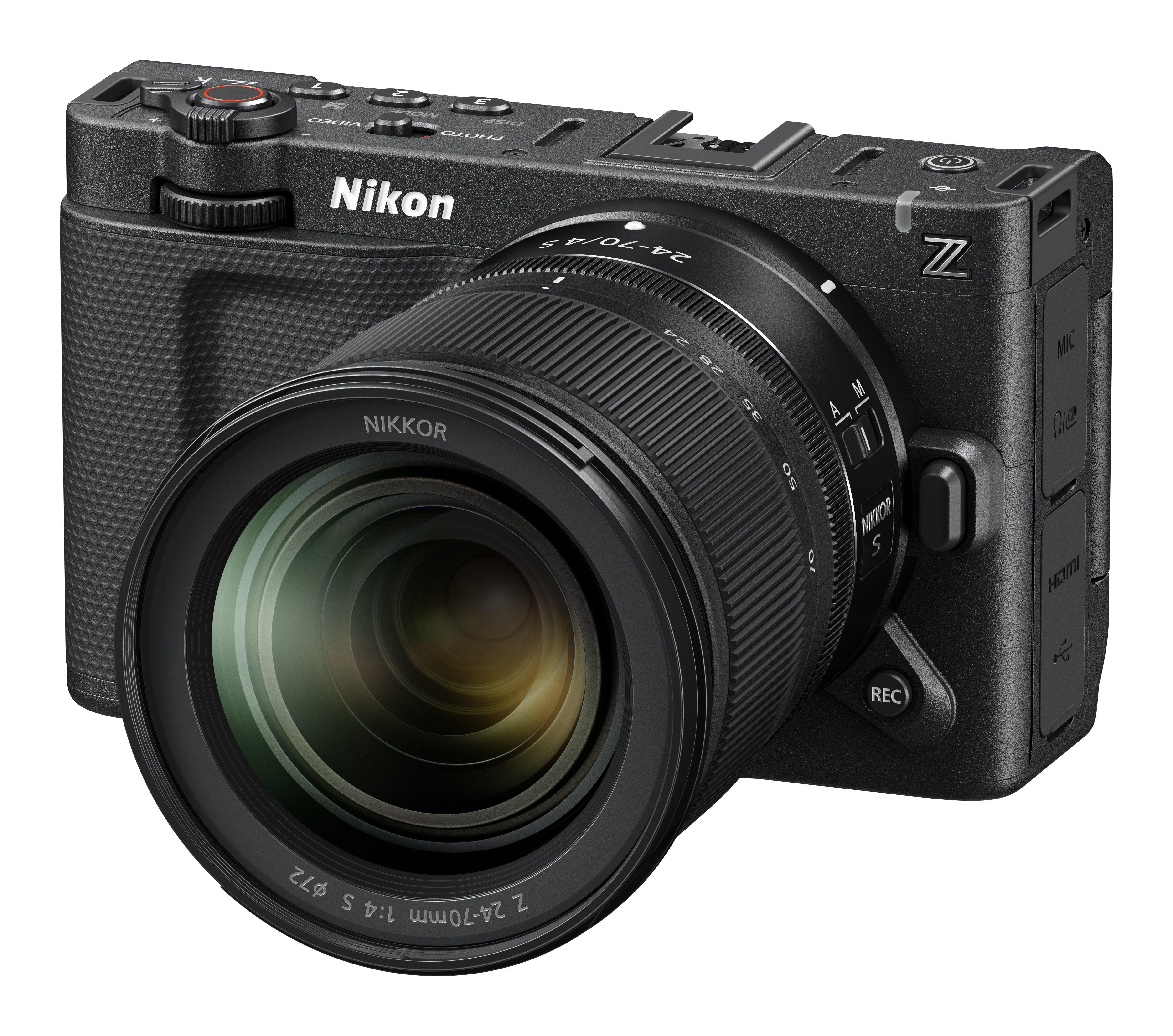 Nikon ZR front-right three-quarters view with Z 24-70mm f/4 lens attached
