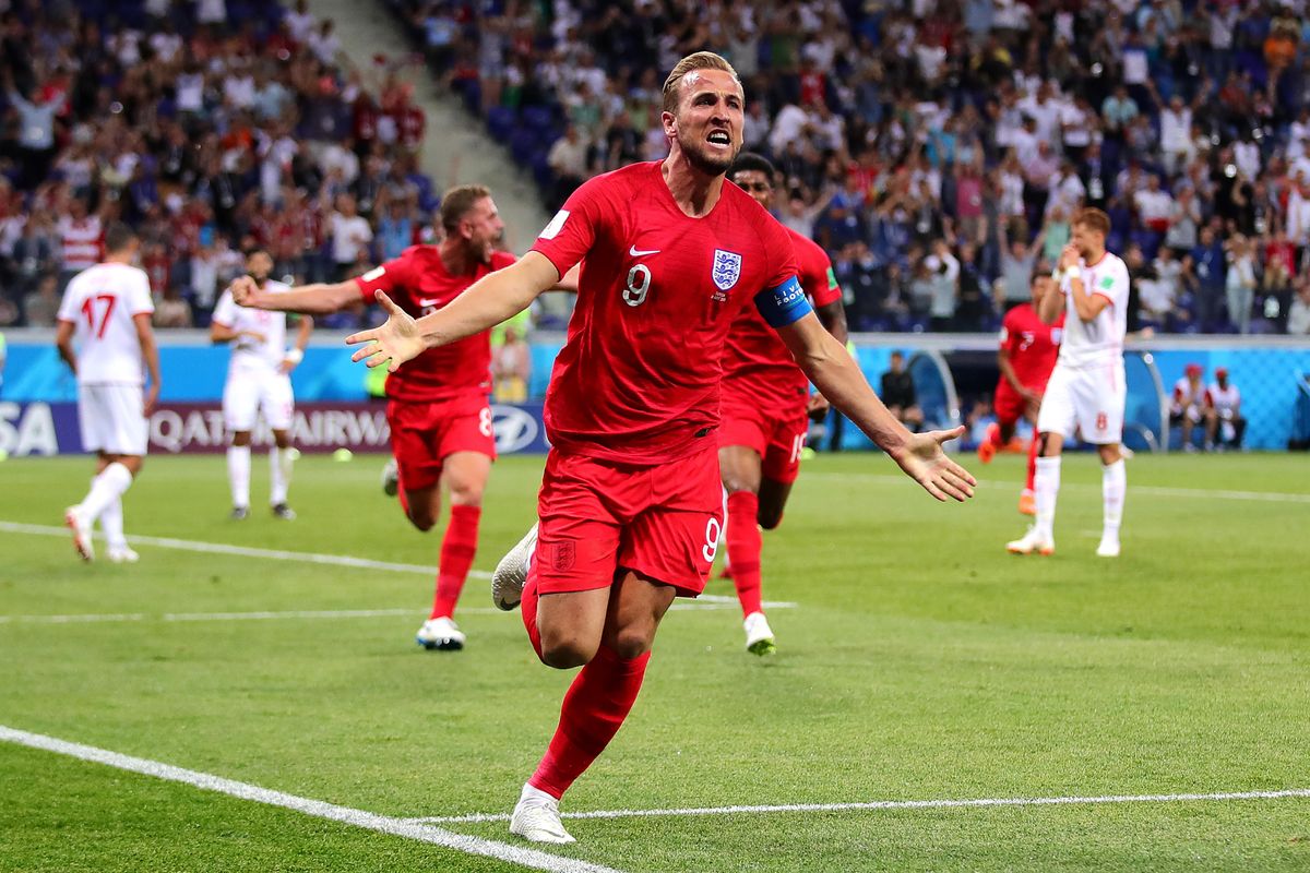 England captain Harry Kane celebrates after scoring a late winning goal in his side's opening match of the 2018 World Cup against Tunisia
