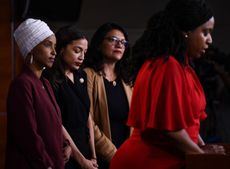 US Representatives Ayanna Pressley (D-MA) speaks as, Ilhan Abdullahi Omar (D-MN)(L), Rashida Tlaib (D-MI) (2R), and Alexandria Ocasio-Cortez (D-NY)