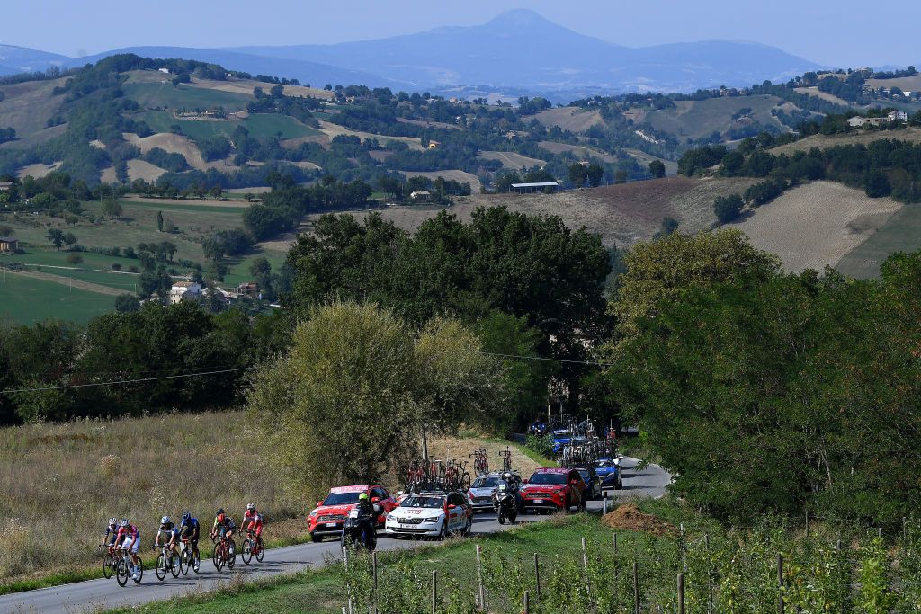 SARNANO ITALY SEPTEMBER 11 Mathieu Van Der Poel of The Netherlands and Team AlpecinFenix Julien Bernard of France and Team TrekSegafredo Mathias Frank of Switzerland and Team AG2R La Mondiale Amanuel Gebreigzabhier of Eritrea and Team NTT Pro Cycling Carl Fredrik Hagen of Norway and Team Lotto Soudal Jhonatan Restrepo Valencia of Colombia and Team Androni GiocattoliSidermec Edoardo Zardini of Italy and Team Vini Zabu KTM Breakaway Landscape during the 55th TirrenoAdriatico 2020 Stage 5 a 202km stage from Norcia to SarnanoSassotetto 1335m TirrenAdriatico on September 11 2020 in Sarnano Italy Photo by Justin SetterfieldGetty Images