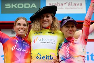 2023 Itzulia Women podium: second place Demi Vollering (SD Worx), winner Marlen Reusser (SD Worx) and third place Katarzyna Niewiadoma (Canyon-Sram)