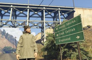 GTA character looking at road signs