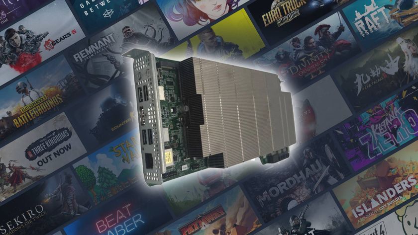 AMD BC-250 board with Steam game library artwork in backdrop.