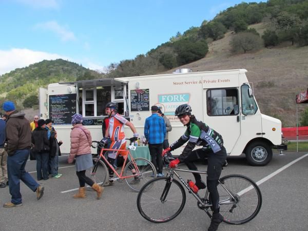 Mary McConneloug contemplates a post-race meal at the Bike Monkey Santa Rosa 'Cross