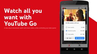 Homepage for YouTube go featuring Android phone and the words: "Watch all you want with YouTube Go'