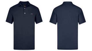 Two Greg Norman black polo shirts front and back view