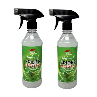 Two clear bottles of spider spray with green labels and black spray tops