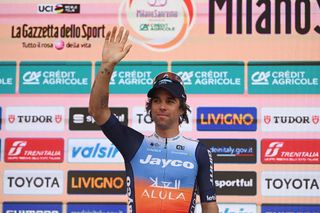 SANREMO ITALY MARCH 16 Michael Matthews of Australia and Team Jayco AlUla celebrates at podium as second place winner during the 115th MilanoSanremo 2024 a 288km one day race from Pavia to Sanremo UCIWT on March 16 2024 in Sanremo Italy Photo by Dario BelingheriGetty Images