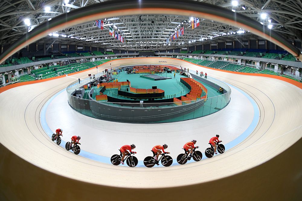 Chinese women track cycling team trains at the olympic velodrome in Rio de Janeiro