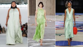 Three models wearing pistachio outfits down the catwalk