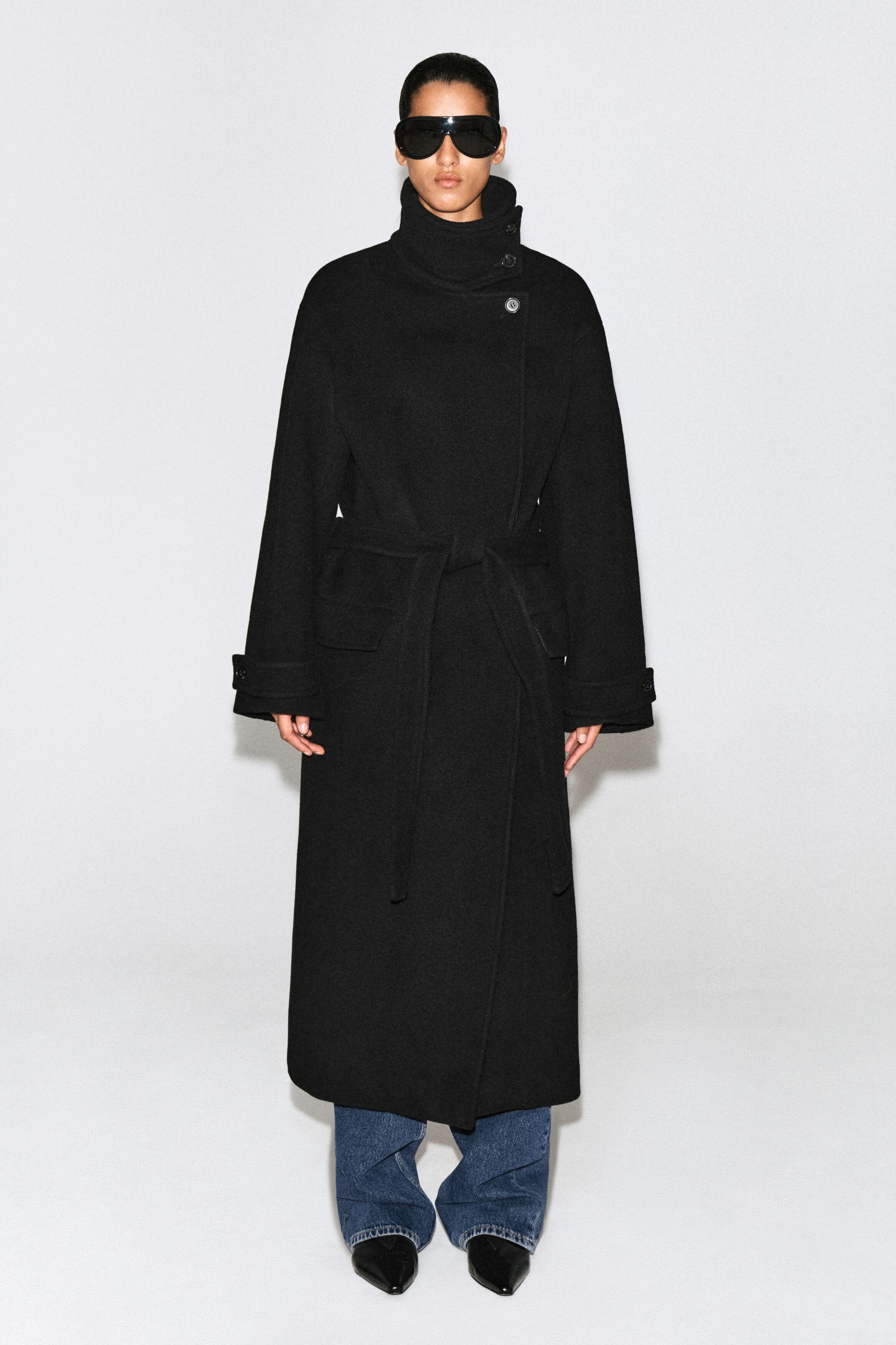 Belted Wool-Blend Funnel-Neck Coat