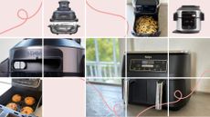 Images of the Best Ninja air fryers including the Ninja Foodi Max, Ninja Air Fryer Pro, and the Ninja Crispi on a pink background