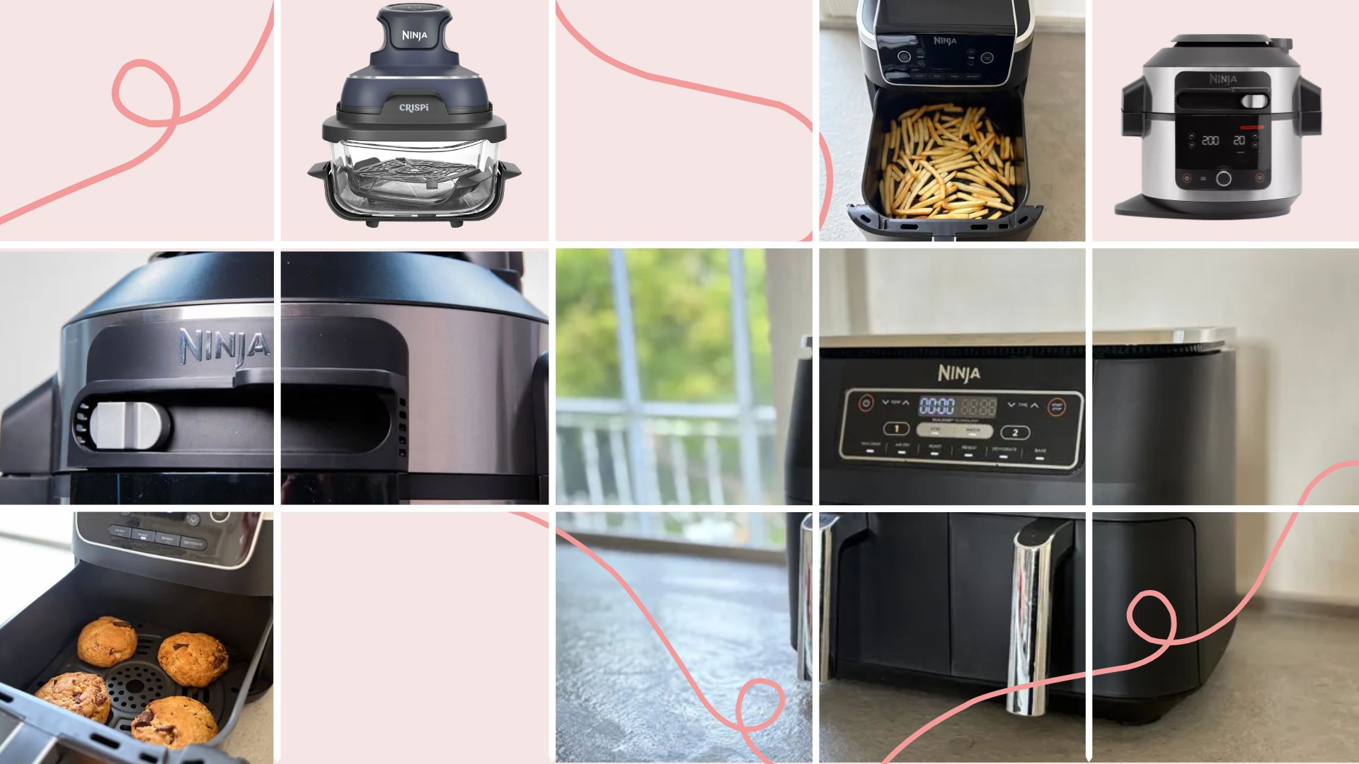 Images of the Best Ninja air fryers including the Ninja Foodi Max, Ninja Air Fryer Pro, and the Ninja Crispi on a pink background