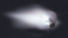 This view of Comet Halley's nucleus was obtained by the Giotto spacecraft as it passed within 600 km of the comet nucleus on March 13, 1986.