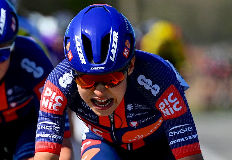 OUDENAARDE, BELGIUM - APRIL 06: Mara Roldan of Canada and Team Picnic PostNL competes during the 22nd Ronde van Vlaanderen - Tour des Flandres 2025 - Women's Elite a 168.9km one day race from Oudenaarde to Oudenaarde / #UCIWWT / on April 06, 2025 in Oudenaarde, Belgium. (Photo by Luc Claessen/Getty Images)