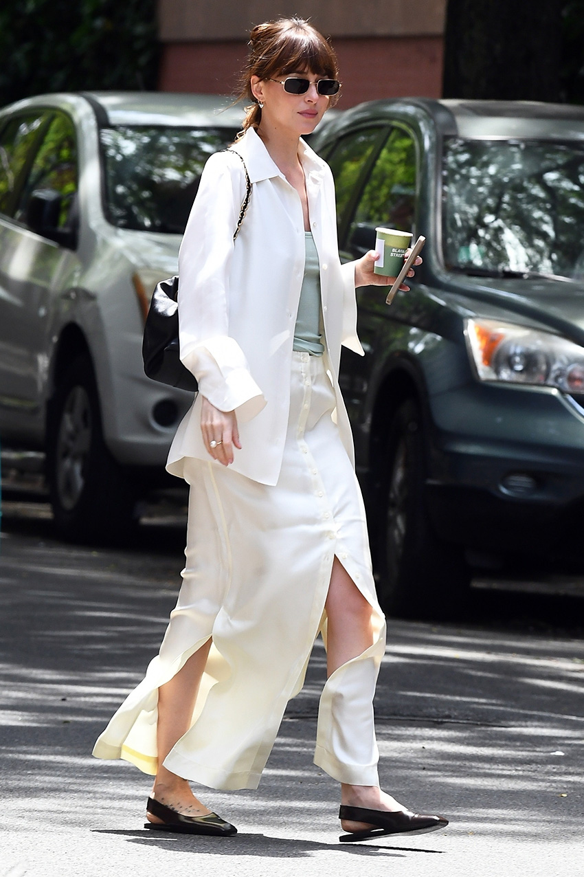 Dakota Johnson wearing a white outfit in NYC