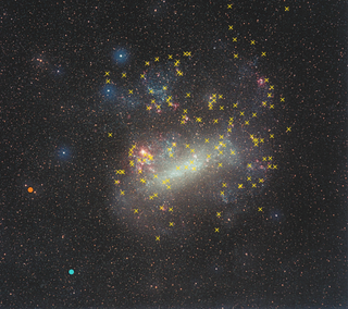 A full image of the header picture, showing a starry sky with red and blue dots toward the left. Lots of yellow x's indicate things throughout.