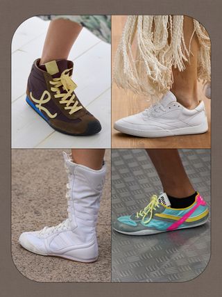 a collage of details images of shoes on the spring/summer 2025 runways