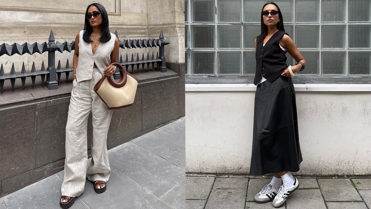 a collage of what to wear in 80-degree weather with one woman&#039;s outfit featuring a tan linen suit with brown sandals on the left and another woman&#039;s outfit on the right with a black vest styled with a black maxi slip skirt and sneakers