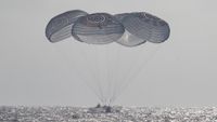 SpaceX's Crew Dragon capsule Freedom lands with NASA astronauts Jessica Meir and Jack Hathaway, ESA astronaut Sophie Adenot and Roscosmos' Andrey Fedyaev aboard in the Pacific Ocean on Oct. 8, 2026.