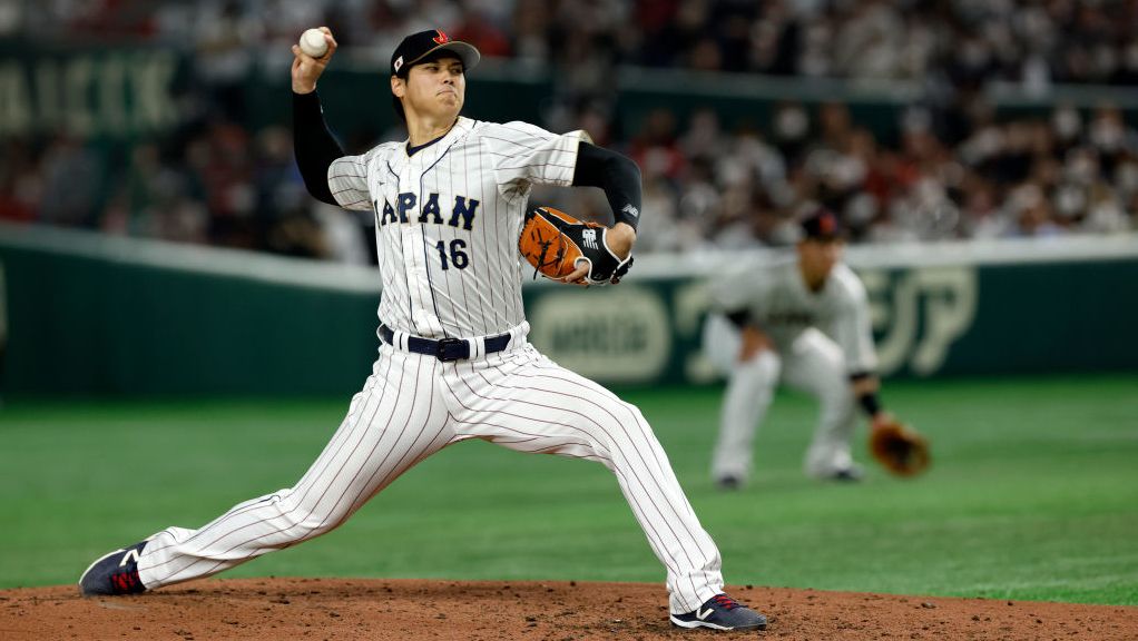 Shohei Ohtani #16 of Team Japan pitches during a game at Tokyo Dome ahead of the MLB Tokyo 2025