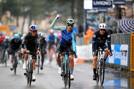 COLFIORITO ITALY MARCH 12 Andrea Vendrame of Italy and Decathlon Ag2R La Mondiale Team celebrates at finish line as stage winner ahead of Thomas Pidcock of The United Kingdom and Q365 Pro Cycling Team and Romain Gregoire of France and Team Groupama FDJ during to the 60th TirrenoAdriatico 2025 Stage 3 a 239km stage from Follonica to Colfiorito UCIWT on March 12 2025 in Colfiorito Italy Photo by Tim de WaeleGetty Images