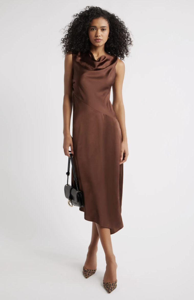 Open Edit, Cowl Neck Asymmetric Satin Midi Dress (Was $90) 