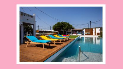an image of the Love Island villa and pool, with a pink border around the image