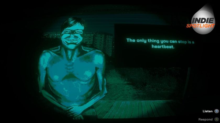 No I&#039;m Not a Human screenshot featuring the Indie Spotlight Logo that shows an unsettling figure saying &quot;the only thing you can stop is a heartbeat&quot;