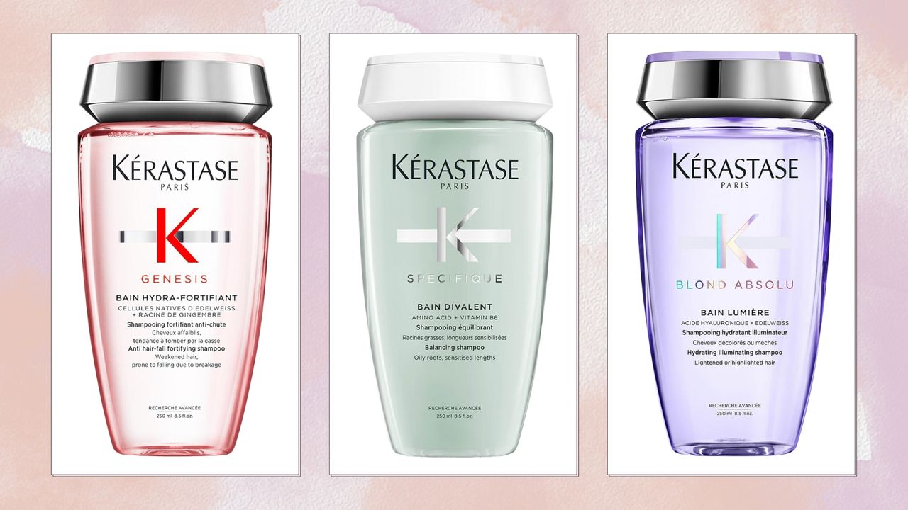 Collage of Best Kérastase Shampoos on a pink watercolour background (L-R) Specifique, Genesis and Blond Absolu