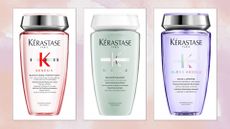 Collage of Best Kérastase Shampoos on a pink watercolour background (L-R) Specifique, Genesis and Blond Absolu