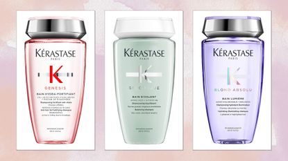 Collage of Best Kérastase Shampoos on a pink watercolour background (L-R) Specifique, Genesis and Blond Absolu