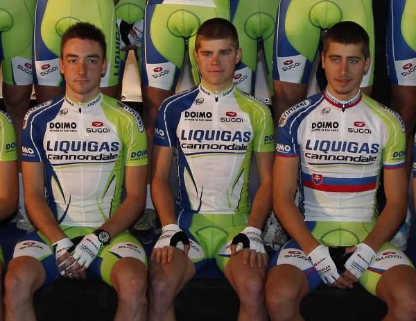 The Sagan brothers Peter and Jurai alongside Elia Viviani at the Liquigas-Cannondale launch.