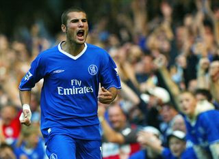 Adrian Mutu of Chelsea starts to celebrate scoring a goal that was later disallowed during the FA Barclaycard Premiership match between Chelsea and Blackburn Rovers at Stamford Bridge on August 30, 2003 in London.