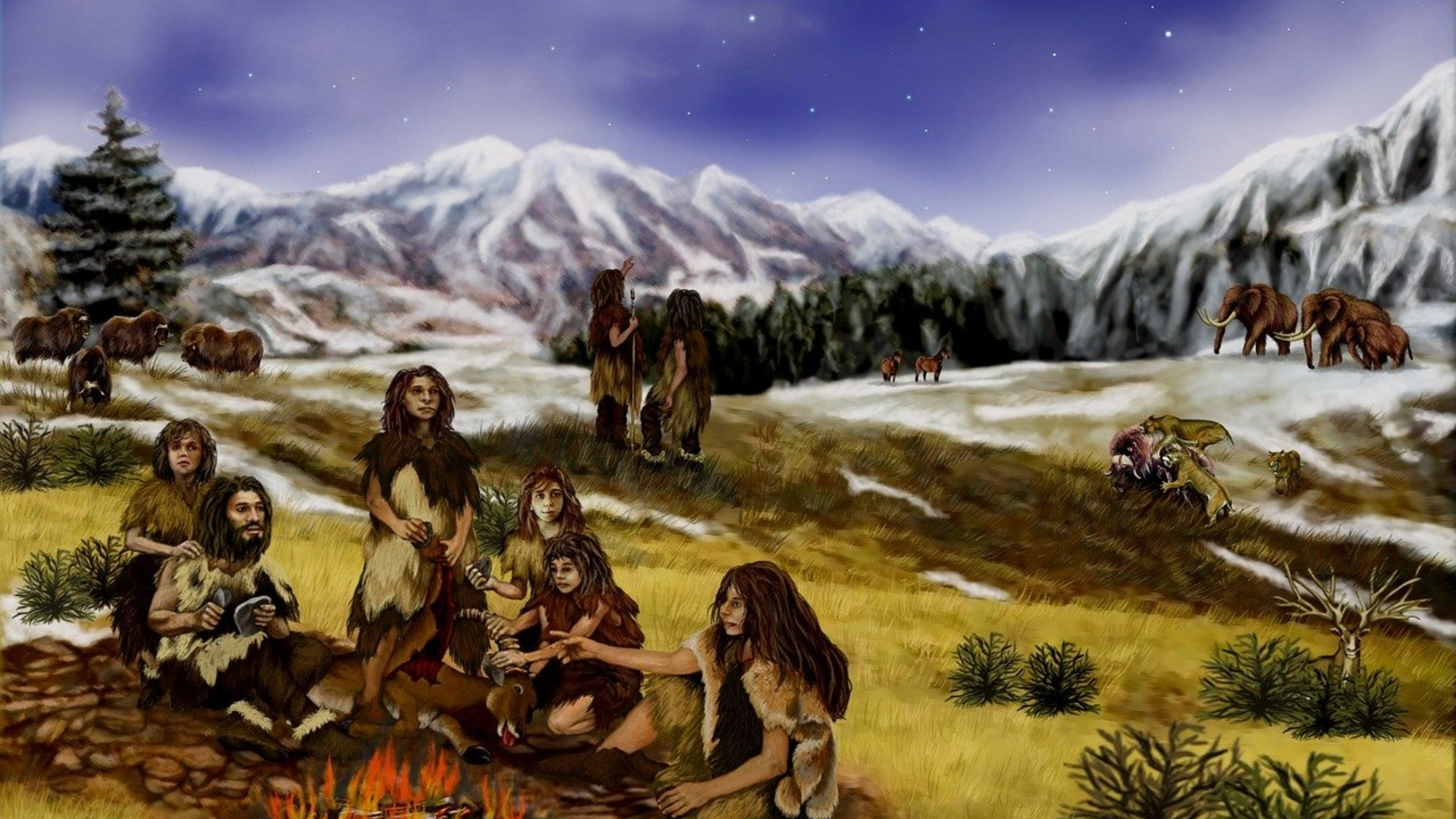 An illustration of a group of Neanderthals in the wild under a night sky