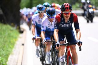 MOOSALP SWITZERLAND JUNE 17 Luke Rowe of United Kingdom and Team INEOS Grenadiers leads the peloton during the 85th Tour de Suisse 2022 Stage 6 a 1775km stage from Locarno to Moosalp 2048m ourdesuisse2022 WorldTour on June 17 2022 in Moosalp Switzerland Photo by Tim de WaeleGetty Images