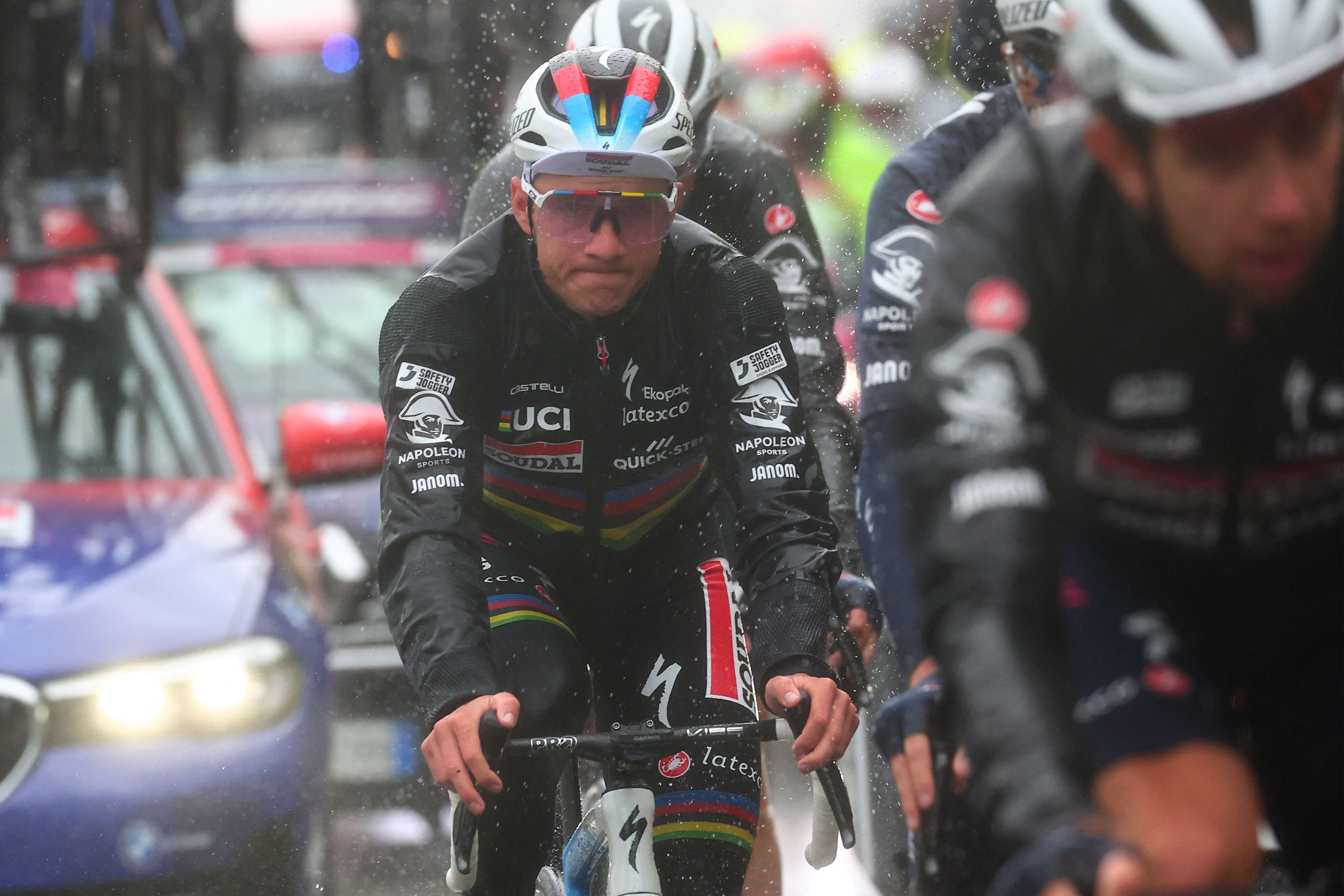 Soudal Quick Steps Belgian rider Remco Evenepoel rides during the fifth stage of the Giro dItalia 2023 cycling race 171 km between Atripalda and Salerno on May 10 2023 Photo by Luca Bettini AFP Photo by LUCA BETTINIAFP via Getty Images