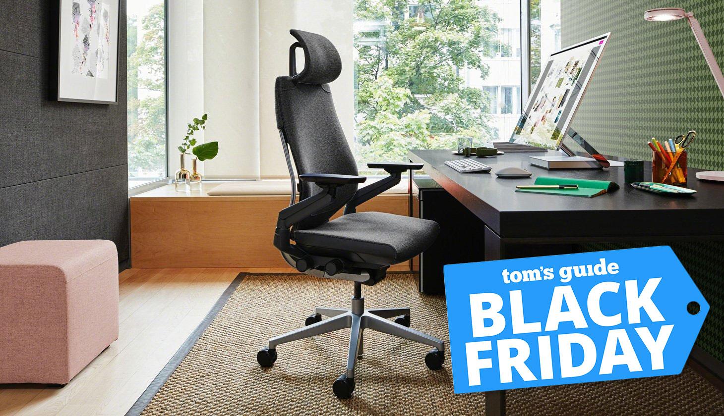 Steelcase Gesture chair in home office environment with Black Friday deal badge overlaid